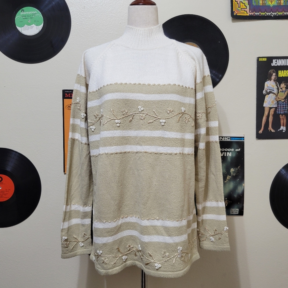 Christopher & Banks | Vintage Beige & White Sweater with Floral Embroidery